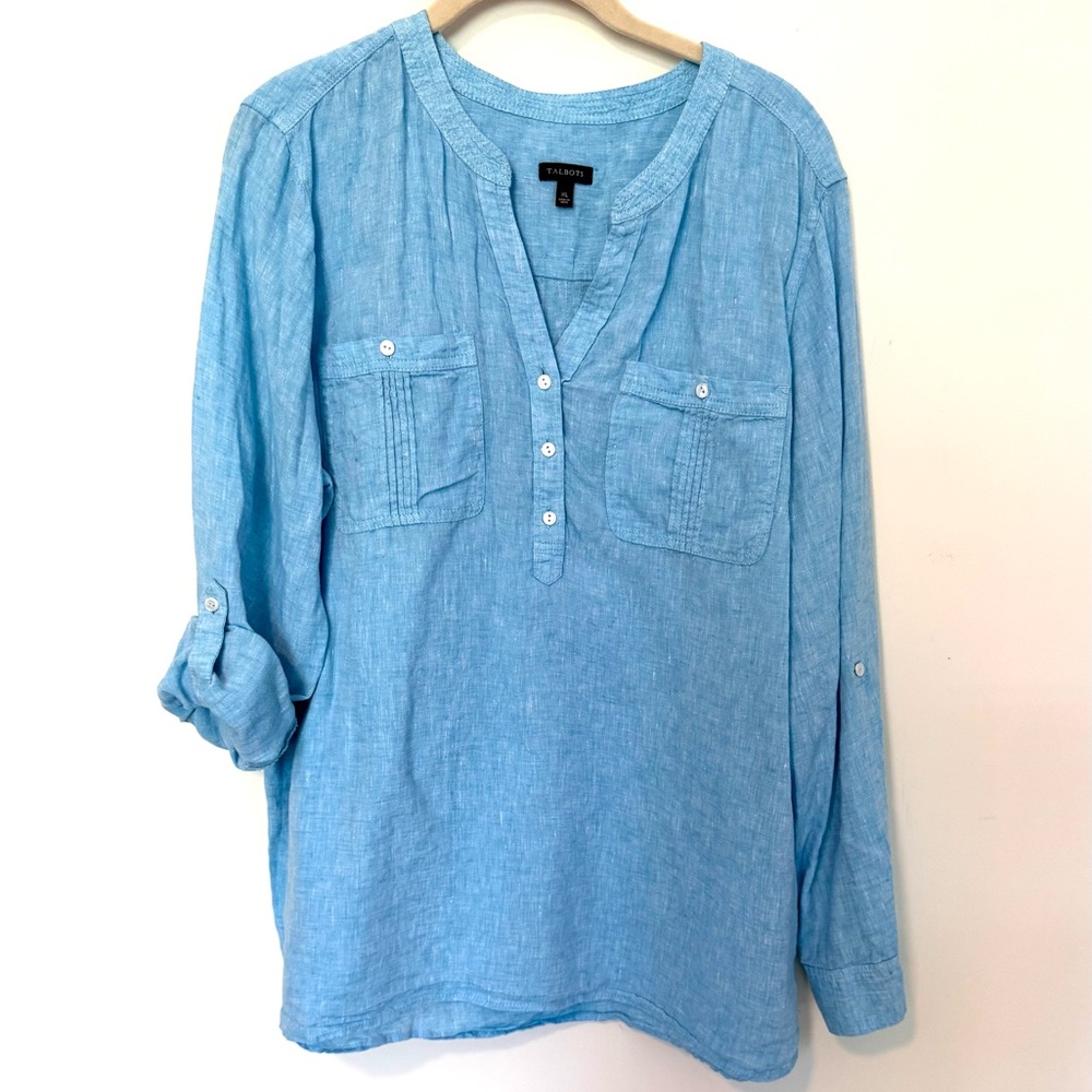 Talbots Turquoise Mandarin Collar Blouse Relaxed Fit 100% Linen